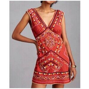 Anthropologie Women Small Embroidered Statement Dress Coverup V-Neck  Boho NEW